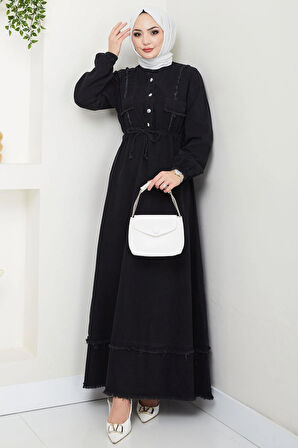 Eteği Püsküllü Düğmeli Bağlamalı Kot Elbise Siyah HM2673