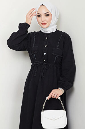 Eteği Püsküllü Düğmeli Bağlamalı Kot Elbise Siyah HM2673