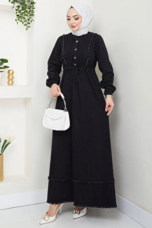 Eteği Püsküllü Düğmeli Bağlamalı Kot Elbise Siyah HM2673