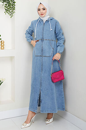 Kapüşonlu Kanguru Cepli Fermuarlı Kot Kap Mavi HM2674