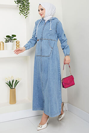 Kapüşonlu Kanguru Cepli Fermuarlı Kot Kap Mavi HM2674