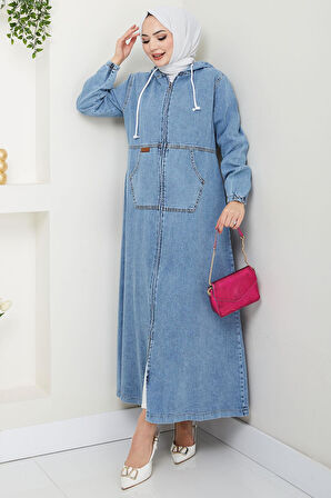 Kapüşonlu Kanguru Cepli Fermuarlı Kot Kap Mavi HM2674