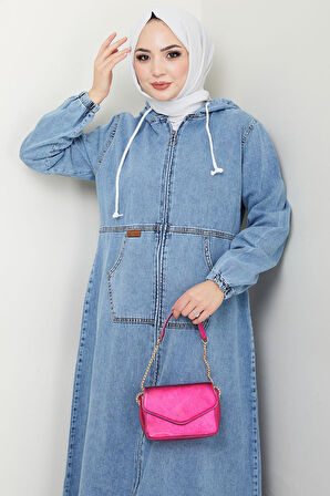 Kapüşonlu Kanguru Cepli Fermuarlı Kot Kap Mavi HM2674