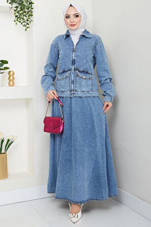 Ceketli Kot Etek Takım Mavi HM2676