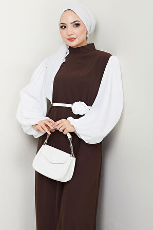 Gül Kemerli Kolları Şifon Abiye Elbise Kahverengi HM2666