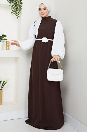 Gül Kemerli Kolları Şifon Abiye Elbise Kahverengi HM2666