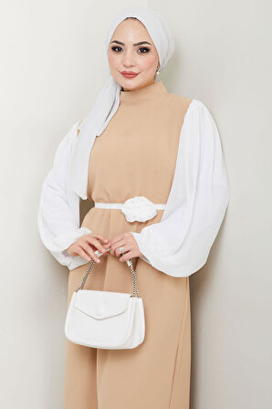 Gül Kemerli Kolları Şifon Abiye Elbise Bej HM2666