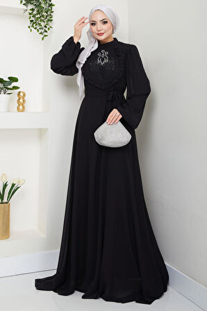 Boncuklu Şifon Abiye Elbise Siyah HM2667