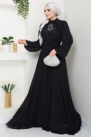 Boncuklu Şifon Abiye Elbise Siyah HM2667