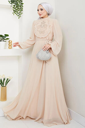 Boncuklu Şifon Abiye Elbise Bej HM2667