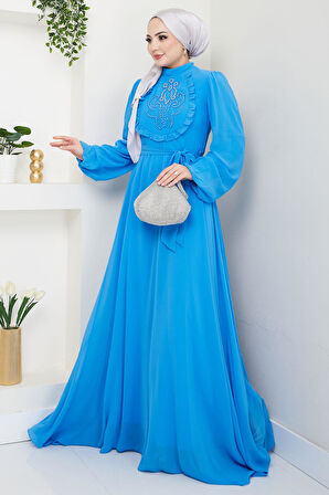 Boncuklu Şifon Abiye Elbise Mavi HM2667
