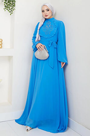 Boncuklu Şifon Abiye Elbise Mavi HM2667