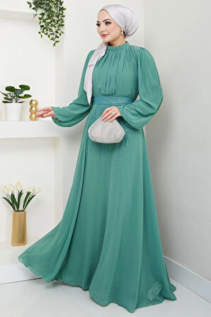 Kuşağı Taşlı Şifon Abiye Elbise Mint HM2668
