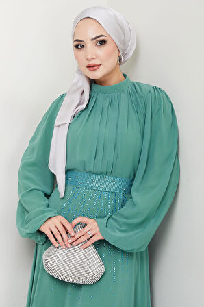 Kuşağı Taşlı Şifon Abiye Elbise Mint HM2668