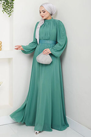 Kuşağı Taşlı Şifon Abiye Elbise Mint HM2668