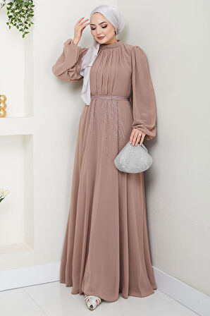 Kuşağı Taşlı Şifon Abiye Elbise Vizon HM2668