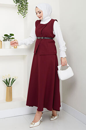 Yelekli Etekli İkili Takım Bordo HM2690