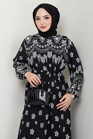 Nevra Desenli Yazlık Viskon Elbise Beyaz HM2678