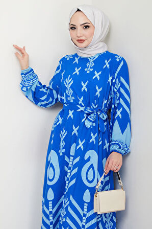 Ferah Desenli Yazlık Viskon Elbise Mavi HM2679