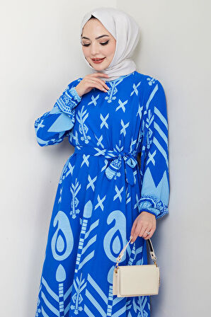 Ferah Desenli Yazlık Viskon Elbise Mavi HM2679