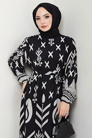 Ferah Desenli Yazlık Viskon Elbise Siyah HM2679