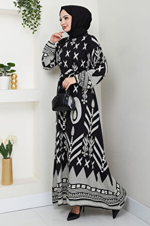 Ferah Desenli Yazlık Viskon Elbise Siyah HM2679