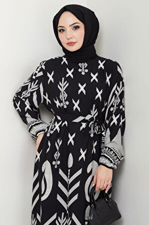 Ferah Desenli Yazlık Viskon Elbise Siyah HM2679