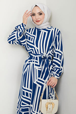 Beyza Asimetrik Desenli Yazlık Viskon Elbise İndigo HM2680