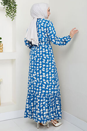 Merve Desenli Yazlık Viskon Elbise İndigo HM2681
