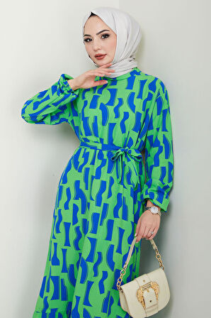 Sera Desenli Viskon Elbise Yeşil HM2686