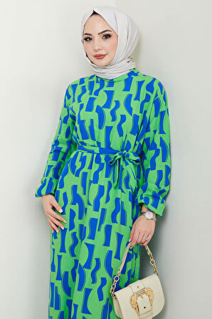 Sera Desenli Viskon Elbise Yeşil HM2686