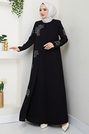 Büyük Beden Lale Taşlı Anne Elbisesi Siyah HM2692