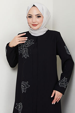 Büyük Beden Lale Taşlı Anne Elbisesi Siyah HM2692