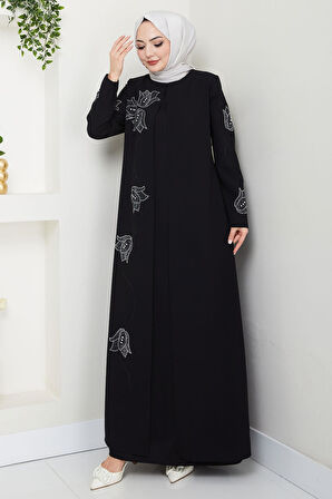 Büyük Beden Lale Taşlı Anne Elbisesi Siyah HM2692