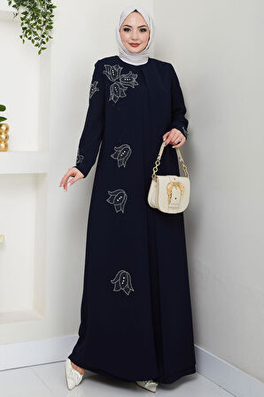 Büyük Beden Lale Taşlı Anne Elbisesi Lacivert HM2692