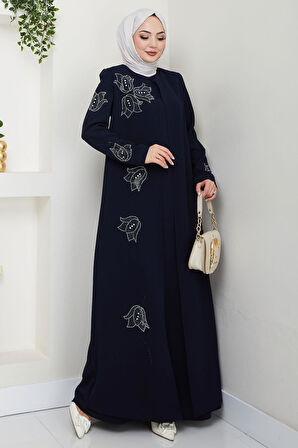 Büyük Beden Lale Taşlı Anne Elbisesi Lacivert HM2692