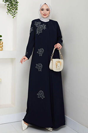 Büyük Beden Lale Taşlı Anne Elbisesi Lacivert HM2692