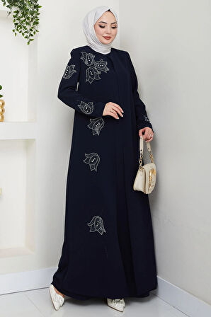 Büyük Beden Lale Taşlı Anne Elbisesi Lacivert HM2692