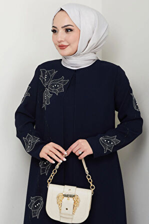 Büyük Beden Lale Taşlı Anne Elbisesi Lacivert HM2692