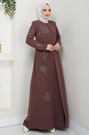 Büyük Beden Lale Taşlı Anne Elbisesi Kahverengi HM2692