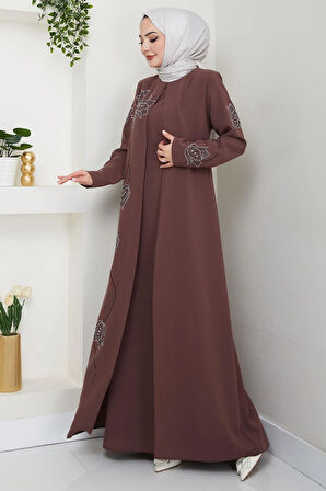 Büyük Beden Lale Taşlı Anne Elbisesi Kahverengi HM2692