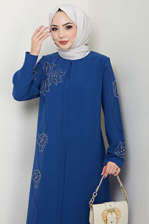 Büyük Beden Lale Taşlı Anne Elbisesi İndigo HM2692
