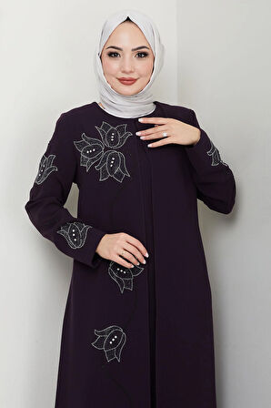 Büyük Beden Lale Taşlı Anne Elbisesi Mor HM2692