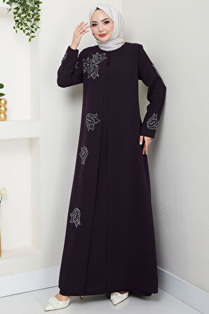 Büyük Beden Lale Taşlı Anne Elbisesi Mor HM2692