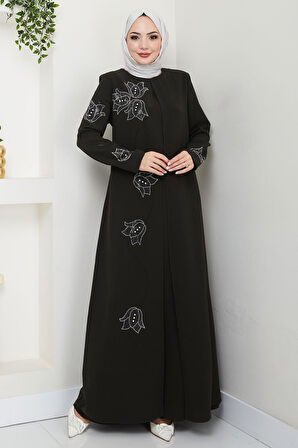 Büyük Beden Lale Taşlı Anne Elbisesi Haki HM2692