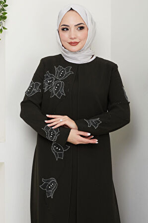 Büyük Beden Lale Taşlı Anne Elbisesi Haki HM2692