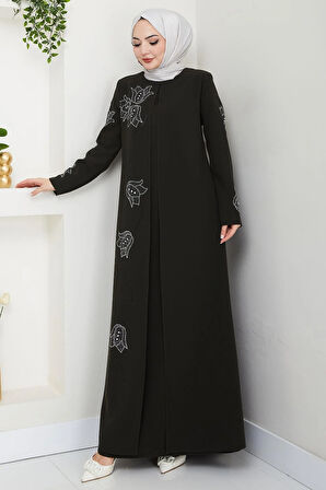 Büyük Beden Lale Taşlı Anne Elbisesi Haki HM2692