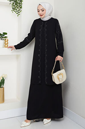 Büyük Beden Boncuklu Taşlı Anne Elbisesi Siyah HM2693