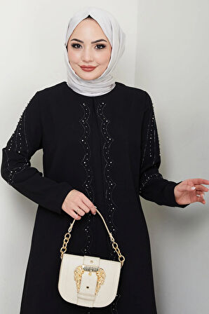 Büyük Beden Boncuklu Taşlı Anne Elbisesi Siyah HM2693