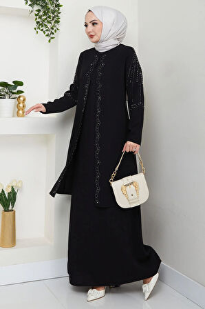 Büyük Beden Boncuklu Taşlı Anne Elbisesi Siyah HM2693